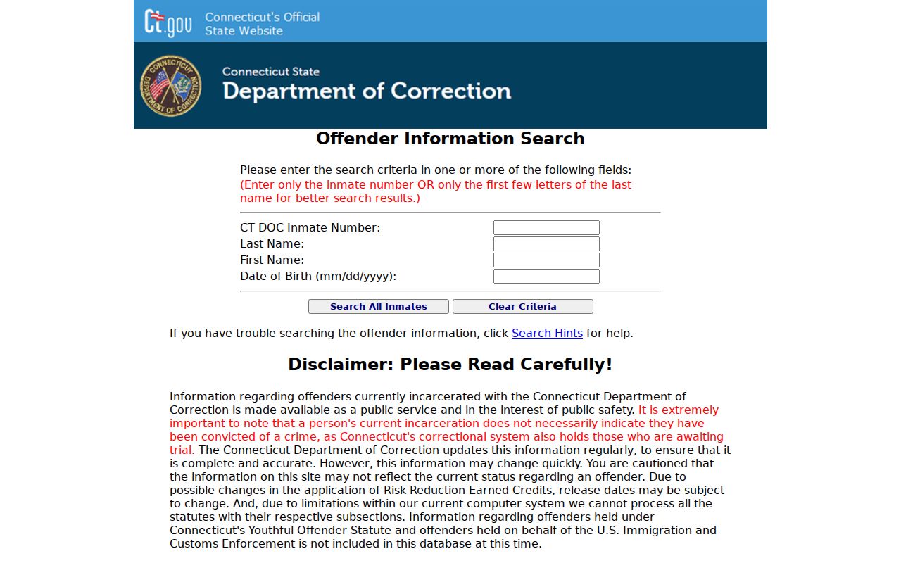Fairfield County arrest history CT DOC inmate search