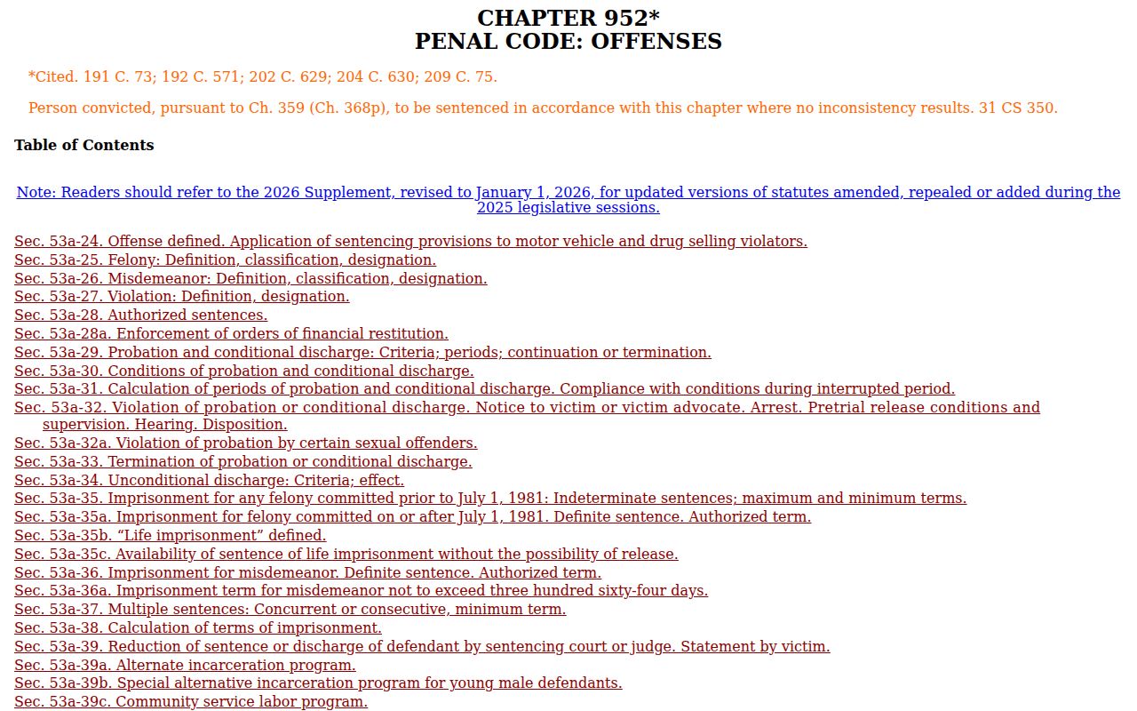 Connecticut Penal Code published by the General Assembly