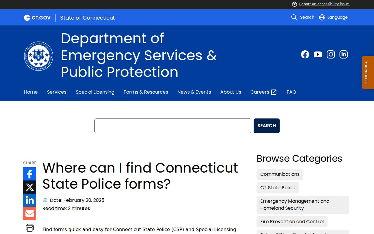 Connecticut State Police forms page for current registry advisements