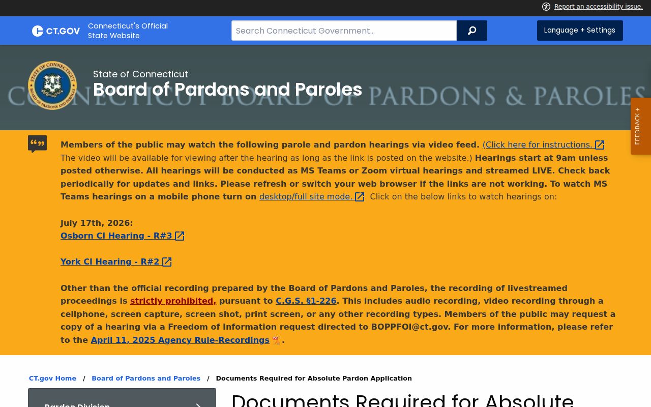 Norwalk criminal history Absolute Pardon application documents